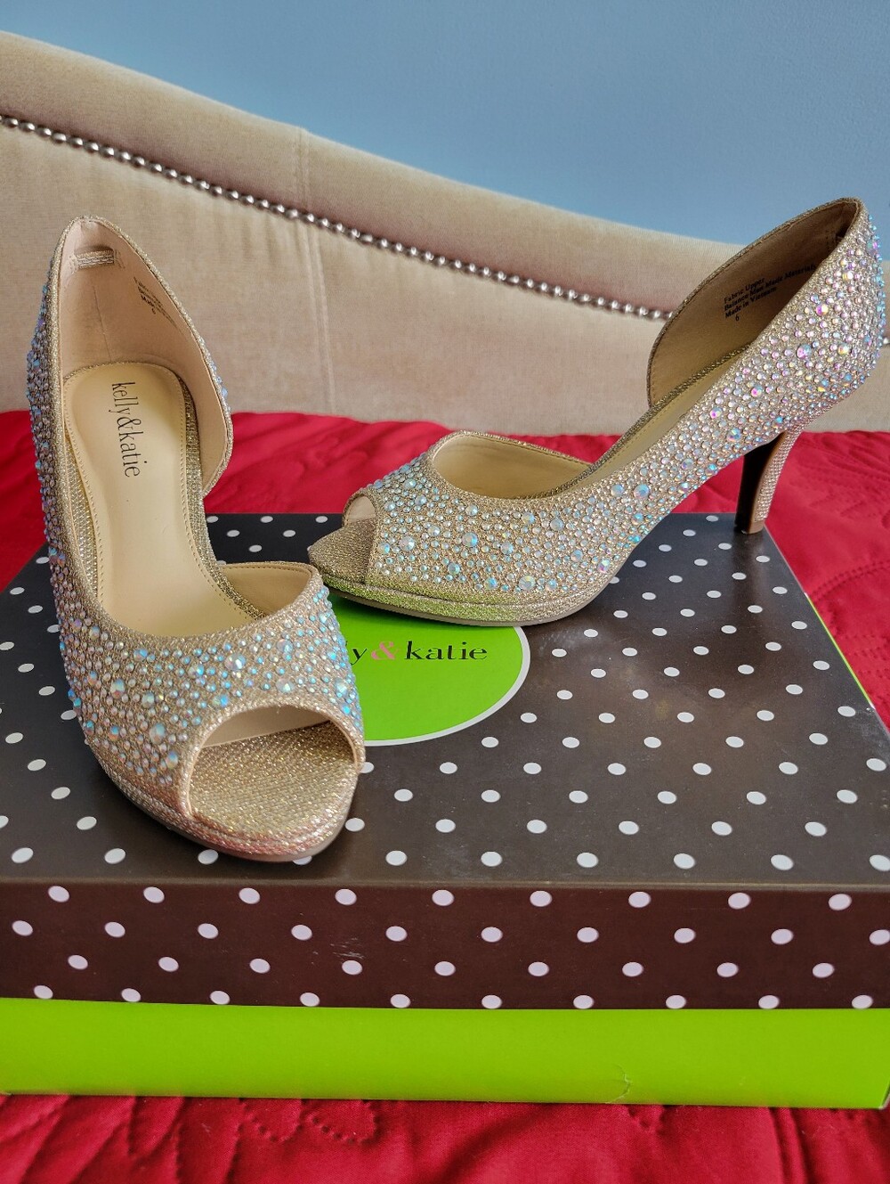 Kelly & Katie Champagne Glitter Peep-Toe Heels Rhinestones Size 6